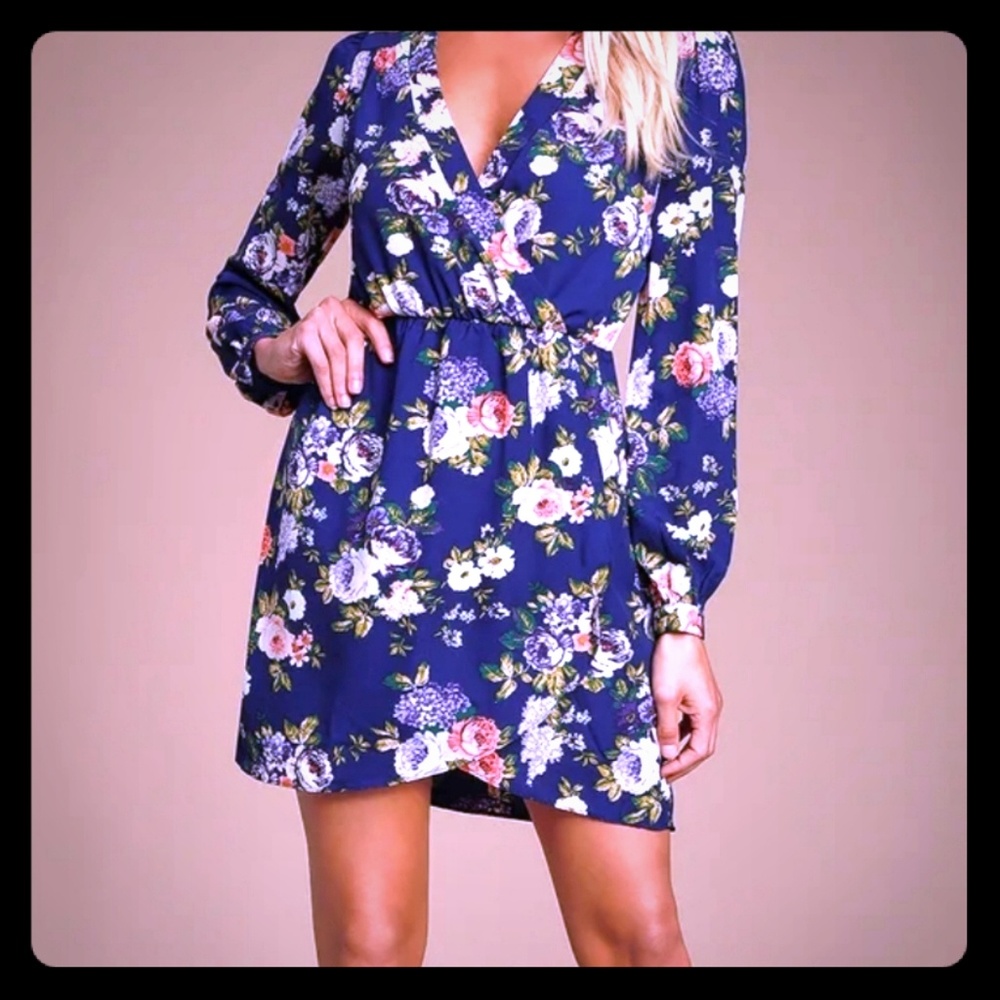 Lulus Navy blue floral wrap dress